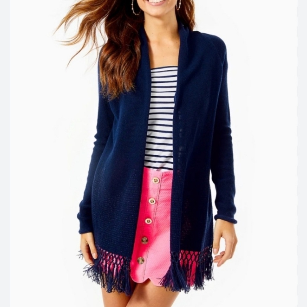 Lilly Pulitzer Open Front Tatum Cardigan Sweater in True Navy with Fringe